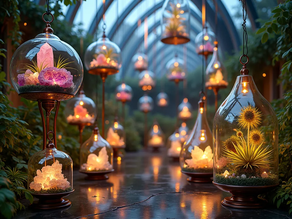 Ethereal Crystal Atrium Garden - A mesmerizing indoor atrium garden at dusk, photographed with a DSLR wide-angle lens. Multiple elegant glass terrariums of varying heights suspended at different levels, filled with delicate air plants (Tillandsia) and raw crystal clusters. Warm LED strip lighting creates a soft, magical glow, while strategically placed mirrors on the walls multiply the illuminated scene infinitely. Amethyst and clear quartz crystals catch and scatter light, creating rainbow prisms throughout the space. The terrariums are arranged in a artistic spiral pattern, some mounted on copper stands, others hanging from thin wire cables. The overall effect is otherworldly and enchanting, with the glass surfaces creating multiple layers of reflection and transparency.