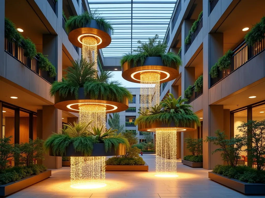 Enchanting Suspended Atrium Garden - A stunning twilight photograph of a modern indoor atrium featuring multiple floating garden islands suspended at different heights. The circular platforms, crafted from lightweight brushed aluminum, appear to float effortlessly in the space. Cascading plants like String of Pearls and Boston Ferns drape elegantly from each level, creating a waterfall effect. Warm LED strip lighting illuminates the platforms from below, casting ethereal shadows on the polished concrete floor. A fine mist system creates a magical atmosphere as water droplets catch the light. Shot with a wide-angle lens to capture the full vertical space, with the camera positioned at a slight upward angle to emphasize the floating effect. The depth of field ensures both foreground and background elements remain crisp, while the twilight timing allows the lighting effects to take center stage.