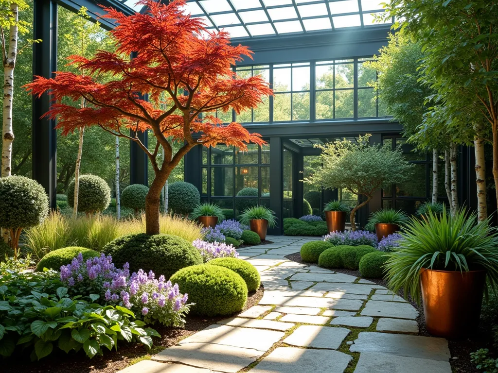 Four-Season Atrium Garden Sanctuary - A sunlit indoor atrium garden photographed in a wide-angle view, showcasing a harmonious blend of year-round interest plants. At the center, a striking Japanese maple provides structural beauty with its elegant branching pattern. Surrounding it, evergreen boxwood spheres create permanent structure, while purple-flowering hellebores bloom in the foreground. Ornamental grasses add movement and texture, catching afternoon light. White-barked birch trees provide vertical interest against glass walls. Strategic container plantings feature seasonal flowers in copper planters. Natural stone pavers create a winding path through the space, with moss growing between them. Soft, filtered light streams through the glass ceiling, creating atmospheric shadows and highlighting the various textures of the foliage. The space feels intimate and serene, with a perfect balance of architectural elements and natural beauty.