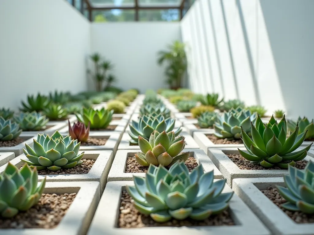 Modern Geometric Succulent Display in Atrium - A stunning close-up shot of a minimalist atrium garden featuring a meticulously arranged 4x4 grid of identical square concrete planters against a white wall. Each planter contains different varieties of succulents - Echeveria elegans, Haworthia fasciata, Sedum morganianum, and Crassula ovata - creating a living geometric matrix. Natural light streams through the glass atrium ceiling, casting subtle shadows that emphasize the mathematical precision of the arrangement. The succulents showcase various colors from sage green to dusty blue and burgundy, while maintaining strict spatial symmetry. Shot with shallow depth of field focusing on the central planters, with a soft blur towards the edges. Professional studio lighting enhances the sculptural quality of the installation.