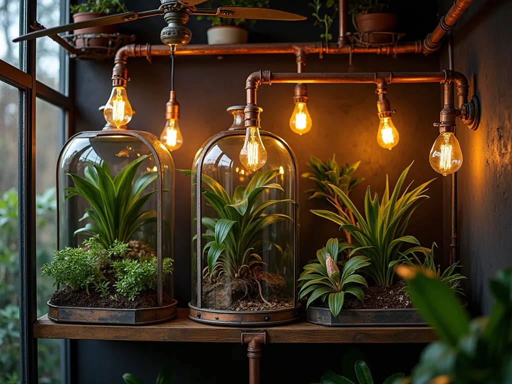 Industrial Botanical Laboratory Atrium - A moody, intimate atrium garden space at dusk, photographed with a wide-angle lens showcasing industrial-style glass and metal terrariums arranged on distressed steel shelving. Edison bulbs suspended from exposed copper pipes cast warm, dramatic lighting on exotic specimens like carnivorous pitcher plants and rare orchids. Scientific labels and specimen cards in copper holders add authenticity. Vintage laboratory glassware repurposed as planters creates depth. Dark charcoal walls contrast with the lush greenery, while a weathered metal ceiling fan adds movement. Shot at f/2.8 to create atmospheric depth and bokeh effects around the lighting.