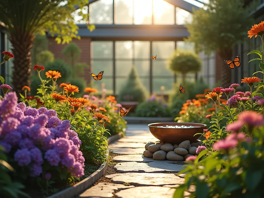 Intimate Atrium Butterfly Sanctuary - A luminous late afternoon scene of a small indoor atrium garden, shot at f/2.8 with soft natural light filtering through glass ceiling panels. Vibrant purple butterfly bush, orange lantana, and pink echinacea bloom in curved garden beds, creating a colorful haven. Butterflies dance around the flowers while a small copper bird bath with smooth river stones sits centrally. Natural stone pavers create a narrow winding path through the lush plantings. Shot from a medium-low angle to emphasize the height and intimacy of the space, capturing both the architectural elements of the atrium and the delicate interaction between butterflies and flowers. The warm light creates a magical atmosphere with subtle lens flare highlighting the scene.