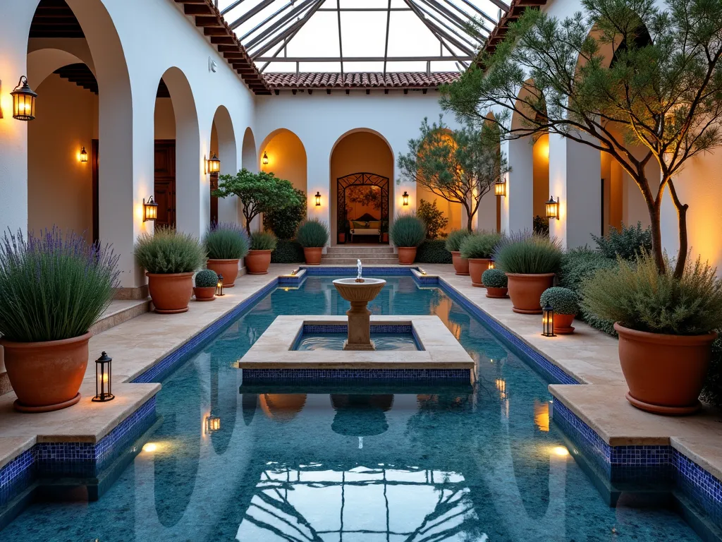 Mediterranean Atrium Water Court at Dusk - A serene indoor atrium garden at dusk featuring a square reflecting pool with a central stone fountain, surrounded by weathered terracotta pots of varying sizes. Mature lavender and rosemary bushes cascade over the pot edges, while a small potted lemon tree stands in one corner. Intricate blue and white Mediterranean mosaic tiles line the pool's edge and create a pathway. Warm evening light filters through a glass ceiling, casting gentle shadows on whitewashed walls. The water's surface reflects the botanical silhouettes and architectural elements above, creating a mirror-like effect. Small copper lanterns provide ambient lighting, highlighting the textures of the plants and stonework. Photorealistic, architectural photography style, with attention to water reflections and golden hour lighting.