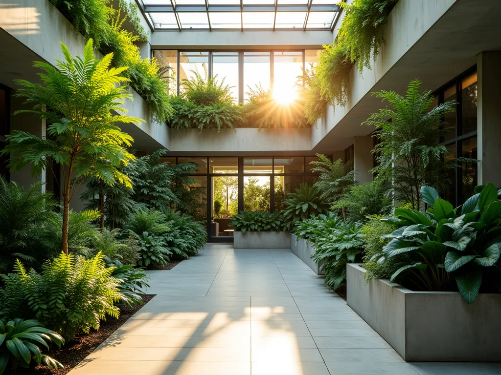 Minimalist Green Atrium Study - A serene indoor atrium garden photographed at golden hour, shot at f/2.8 with a 16-35mm lens. Multiple tiers of lush green plants create a sophisticated layered effect, featuring Boston ferns, dark green philodendrons, and delicate maidenhair ferns. Sleek light grey concrete planters of varying heights add architectural interest. Natural light streams through a glass ceiling, casting gentle shadows on a minimalist light limestone floor. The composition captures the interplay of different green textures and shapes, from broad leaves to feathery fronds, creating a peaceful, monochromatic sanctuary. Wide-angle perspective shows the full spatial arrangement while highlighting the vertical garden elements.