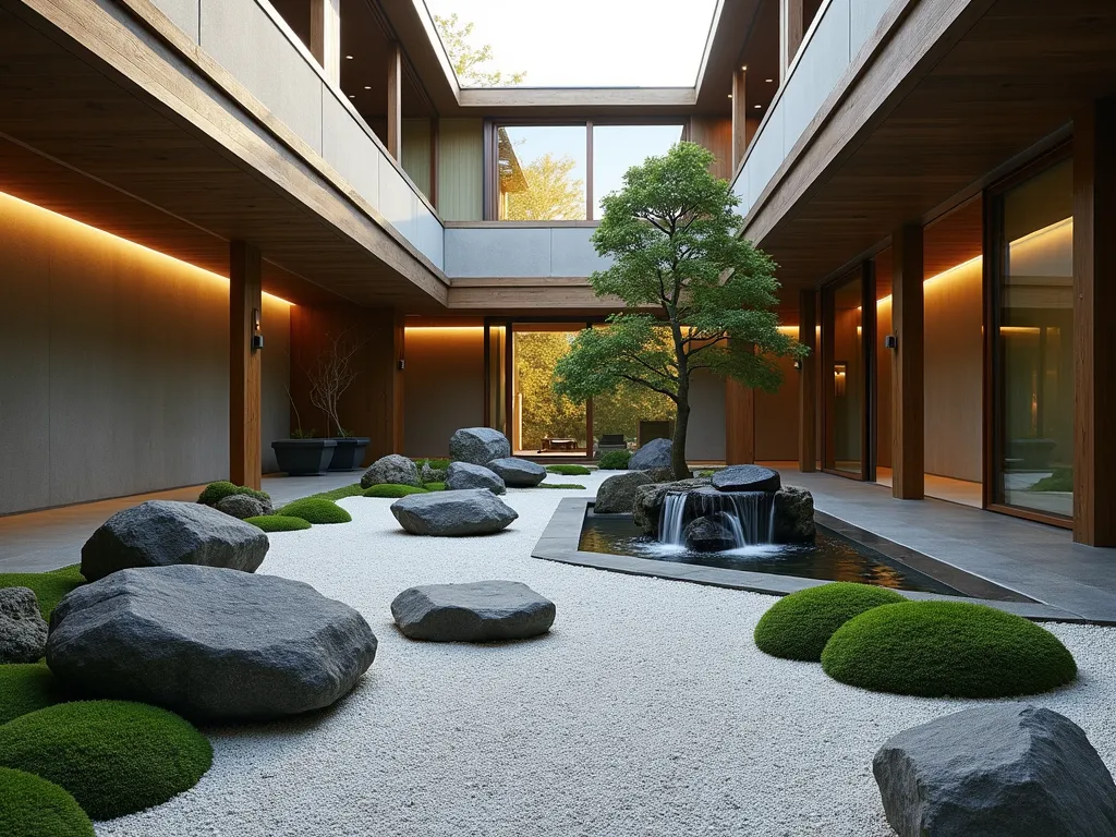 Modern Zen Atrium Garden - A serene indoor atrium garden photographed during golden hour, showcasing a meticulously crafted Japanese-inspired rock garden. The wide-angle composition captures sleek architectural lines where smooth river stones and crushed white gravel create elegant patterns, reminiscent of rippling water. A minimalist black bamboo water feature creates a gentle cascade over polished granite, its sound echoing off glass walls. Strategic uplighting casts dramatic shadows across the textural landscape, while a single carefully pruned cloud-form Japanese maple provides an elegant focal point. The space is punctuated by carefully placed moss gardens nestled between locally sourced boulders, creating a contemplative atmosphere perfect for meditation. Shot with natural light supplemented by ambient LED strips concealed within the architectural elements, emphasizing the interplay between light and shadow. DSLR, f/8, ISO 100, 1/125