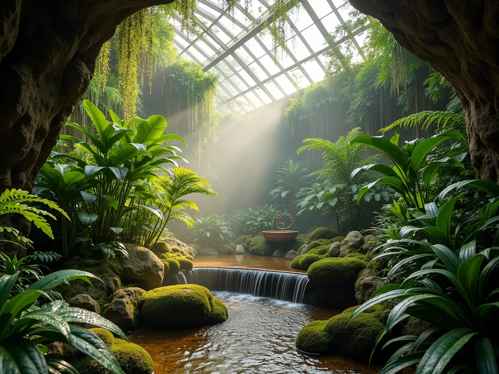 Misty Tropical Atrium Sanctuary - An intimate indoor atrium garden photographed at dawn, bathed in soft morning light filtering through a glass ceiling. A professional photograph capturing a lush tropical sanctuary with a sophisticated misting system creating ethereal wisps of vapor among towering tree ferns and philodendrons. Ancient-looking moss-covered boulders frame a small copper water feature that trickles gently. The wide-angle shot (16mm) reveals layers of verdant growth, from ground-hugging selaginella moss to mid-level peace lilies and bird's nest ferns, all thriving in the humid microclimate. Delicate water droplets glisten on broad leaves, while rays of early light create dramatic shadows through the mist. Shot with shallow depth of field at f/2.8, ISO 400, capturing the mystical atmosphere of a natural rainforest condensed into an indoor space.