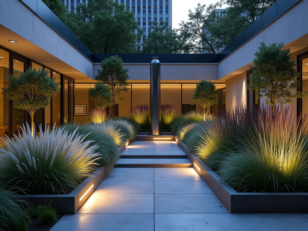 Modern Atrium Grass Garden - A stunning contemporary small atrium garden photographed at dusk with dramatic architectural lighting. Ornamental grasses of varying heights arranged in precise geometric patterns, featuring silver Feather Reed Grass and deep purple Japanese Forest Grass. A sleek, minimalist metallic sculpture rises from the center, casting intricate shadows. Clean-lined concrete planters in different levels create depth, while LED strip lighting illuminates the base of each planter. The space is captured with a wide-angle perspective, showing the interplay of textures and the gentle movement of grasses against the modern architectural elements. Shot with soft evening light creating a moody atmosphere, f/2.8 aperture highlighting the delicate grass plumes in the foreground.