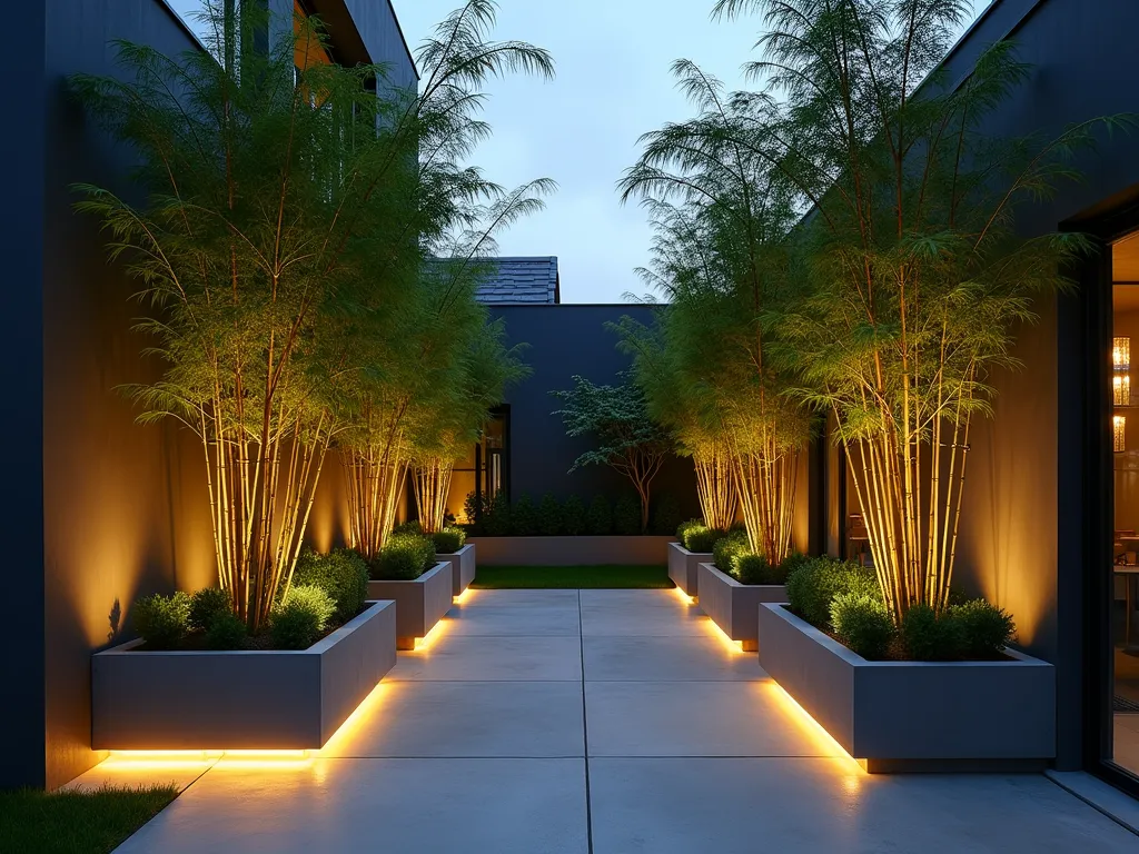 Modern Bamboo Atrium Sanctuary - An elegant modern atrium garden at dusk, featuring tall graceful Phyllostachys aurea bamboo planted in minimalist rectangular concrete planters. The bamboo creates natural privacy screens against sleek charcoal walls. Warm LED strip lighting illuminates the base of the planters, casting dramatic shadows and highlighting the bamboo's slender silhouettes. The space features a polished concrete floor with integrated drainage, while the bamboo leaves create gentle movement and dappled light patterns. Shot from a wide angle perspective to capture the full height and architectural impact, with the evening light creating a moody, sophisticated atmosphere. Photographed with careful attention to the interplay of natural and artificial lighting, emphasizing the contemporary Asian-inspired design elements.