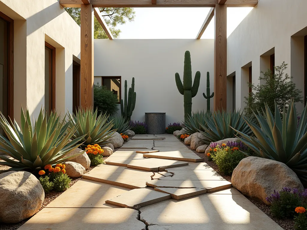 Modern Desert Atrium Sanctuary - A stunning indoor atrium garden captured at golden hour, photographed with a wide-angle lens at f/2.8. Dramatic tall Saguaro cacti and sculptural blue agaves create bold silhouettes against whitewashed walls. Natural light streams through a glass ceiling, casting intricate shadows across a minimalist arrangement of weathered driftwood and smooth river rocks. Desert marigolds and purple desert sage add pops of color among carefully placed geometric sandstone pavers. A sleek cor-ten steel water feature provides a modern contrast to the organic desert plants. The space is photographed from a low angle to emphasize the height and architectural nature of the succulents against the ethereal atmosphere of the enclosed atrium.