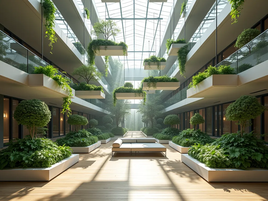 Modern Floating Garden Platforms in Atrium - A stunning modern atrium garden featuring multiple floating platforms suspended by sleek steel cables at different heights, bathed in soft morning light filtering through a glass ceiling. Modern white and charcoal geometric planters showcase cascading pothos, string of pearls, and compact Japanese maples. The lowest platform features contemporary furniture, while higher platforms create a mesmerizing vertical garden effect. Wide-angle shot capturing the full height of the space, with dramatic shadows casting artistic patterns on the light wooden floor below. The platforms appear to float weightlessly, creating a serene and sophisticated indoor garden sanctuary.