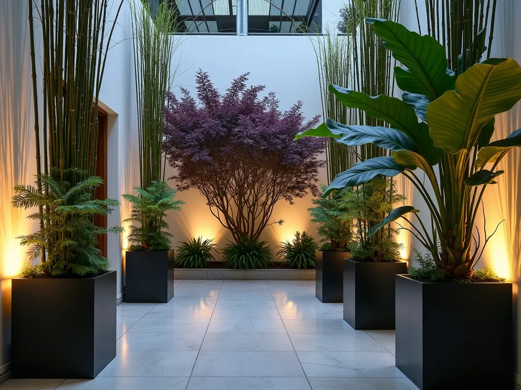 Modern Living Art Atrium Garden - A stunning indoor atrium garden at dusk featuring sculptural plants arranged in a artistic composition. Tall, slender bamboo creates vertical lines while cascading string of pearls drape elegantly from elevated modern white planters. Dramatic uplighting casts artistic shadows on white walls, while strategic spotlights illuminate vibrant purple Japanese maples and architectural snake plants. Sleek black geometric containers of varying heights create a rhythmic pattern. A focal point monstera deliciosa with split leaves catches indirect light. The space feels like a modern art gallery with plants as the masterpieces, photographed in a wide angle to capture the interplay of light, shadow, and organic forms.