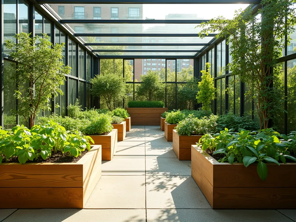 Modern Urban Atrium Vegetable Garden - A sunlit small atrium garden featuring sleek raised wooden beds arranged in a geometric pattern, showcasing a variety of vibrant vegetables and aromatic herbs. Modern vertical metal trellises adorned with climbing peas and tomatoes line the glass walls. A dwarf citrus tree in a contemporary planter serves as a focal point. The morning light streams through the glass ceiling, creating a warm, inviting atmosphere. The space includes efficient drip irrigation systems and small pathways lined with fresh herbs like basil, thyme, and rosemary. Contemporary minimalist garden furniture complements the productive yet stylish design.