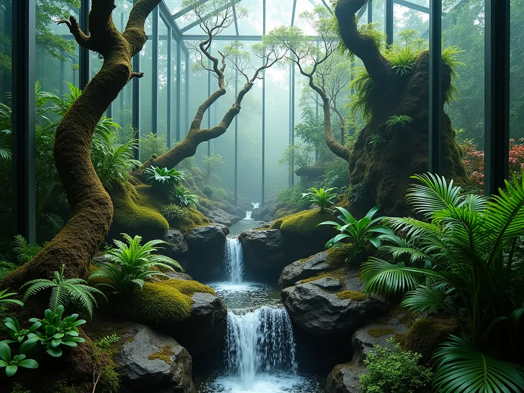 Mystical Cloud Forest Terrarium Atrium - A stunning DSLR wide-angle photograph of a large, glass-enclosed atrium terrarium at twilight, featuring a dramatic miniature cloud forest ecosystem. Gentle mist hovers above lush tropical moss-covered rocks and fallen branches. A delicate 2-foot waterfall cascades over dark volcanic stones, creating ethereal water droplets that catch the soft, strategic LED uplighting. Dense clusters of miniature ferns, baby tears, and fragile air plants cling to the glass walls, while delicate tendrils of Spanish moss drape from above. The terrarium's glass panels rise 6 feet high, reflecting the ambient light and creating an infinite forest effect. Captured with precise depth of field at f/8, the image reveals intricate details of the enclosed misty microclimate while maintaining the magical atmosphere of this living art piece.