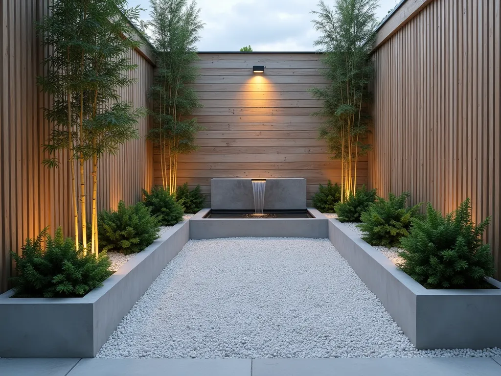 Nordic Minimalist Atrium Garden - An intimate atrium garden space at dusk, captured in wide angle, showcasing a serene Scandinavian design. Smooth white pebbles create flowing paths between geometric concrete planters in pale gray. Tall, slender bamboo plants rise from the planters, while minimalist ferns and moss provide ground coverage. A sleek, rectangular water feature made of light birch wood and steel creates gentle ripples. Modern Nordic-style wooden slat walls in whitewashed pine frame the space. Strategic LED uplighting casts soft shadows, emphasizing the clean lines and peaceful atmosphere. The space features a perfect balance of negative space and organic elements, embodying hygge principles with its calming simplicity.