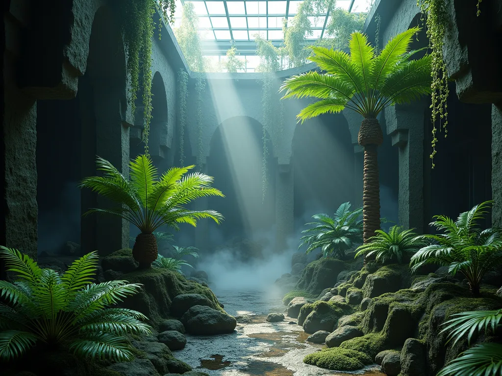 Mystical Indoor Atrium with Prehistoric Plants - A moody, atmospheric medium-wide shot of a small indoor atrium garden featuring ancient ferns and cycads growing dramatically among dark, weathered stone formations. Soft, indirect lighting filters through a glass ceiling, creating ethereal beams that highlight the prehistoric plants. A gentle mist hovers above the ground, wrapping around the base of a focal Cycas revoluta. Various species of lush ferns cascade from rock crevices, their fronds catching the diffused light. The scene is captured during dawn, with cool blue-green tones dominating the space. Moss-covered rocks add texture and depth, while strategic uplighting creates dramatic shadows, emphasizing the primordial atmosphere. Photorealistic, architectural photography style.