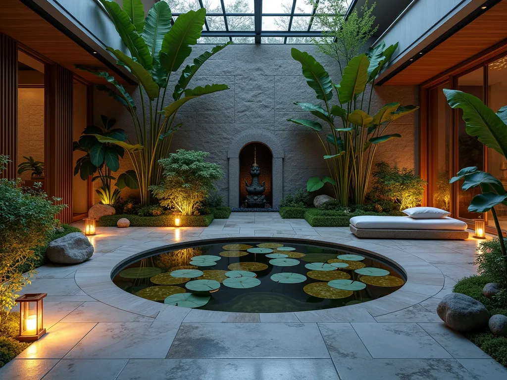 Serene Indoor Atrium Meditation Pool - A tranquil indoor atrium garden featuring a small circular reflection pool with smooth river stones at dusk. Soft, ambient lighting illuminates the space through strategically placed copper lanterns. Natural stone benches with plush cushions surround the pool. Tall, elegant peace lilies and sculptural snake plants create a lush backdrop, their leaves casting gentle shadows on textured stone walls. Bamboo water features create subtle ripples in the pool while moonlight streams through a glass ceiling. The scene is captured from a wide angle, emphasizing the intimate yet open feeling of the space, with the pool as the central focal point. The overall atmosphere suggests peaceful contemplation and mindful relaxation.