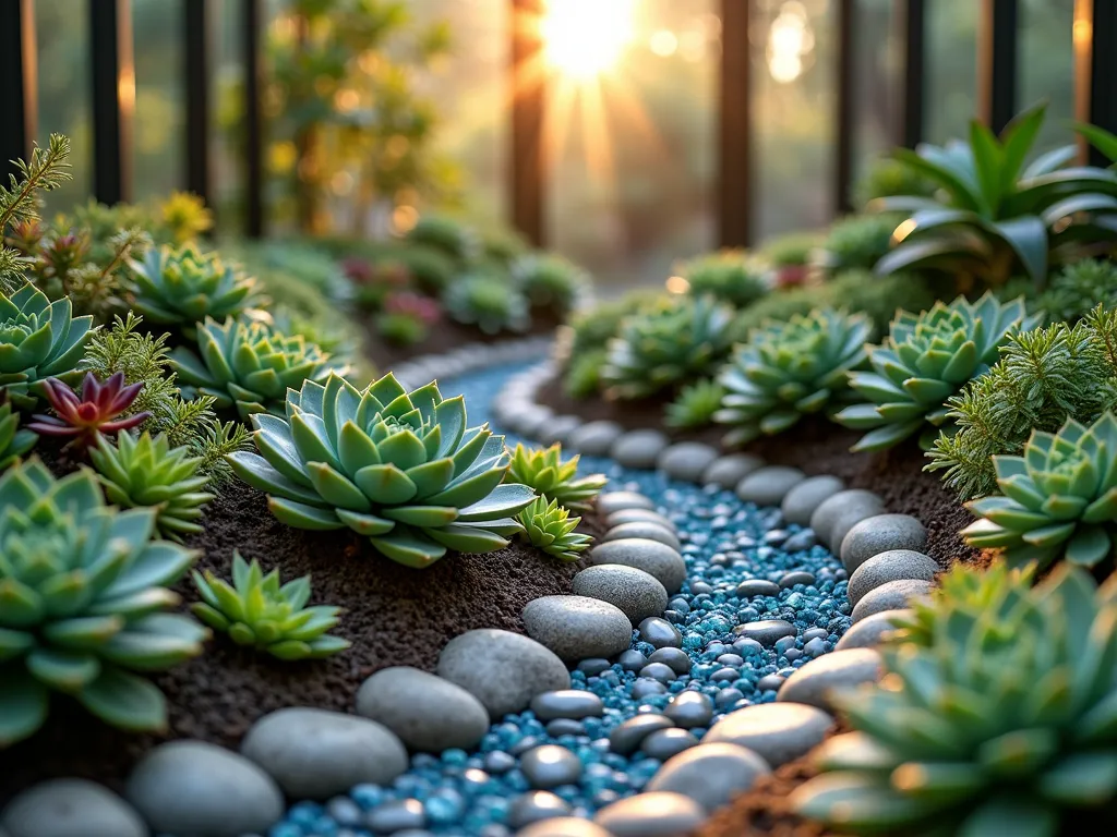 Spiral Succulent Atrium Garden - A stunning close-up shot of a mesmerizing spiral garden within a small indoor atrium, captured during golden hour. The design features meticulously arranged succulents of varying heights and species, creating a hypnotic spiral pattern. Echeveria, Sempervivum, and Sedum varieties cascade from tall to short, their rosette patterns emphasized by natural light filtering through the atrium's glass ceiling. The spiral is accentuated by layers of polished river rocks in contrasting grey and white tones, with occasional pieces of cobalt blue crushed glass catching the warm light. The background shows glimpses of the atrium's glass walls, creating a luminous atmosphere. Shot with a 16-35mm lens at f/2.8, ISO 400, creating a dreamy depth of field that highlights the intricate textures of the succulents while maintaining the spiral's overall composition.