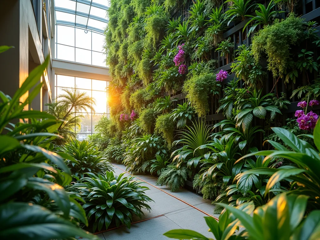 Verdant Tropical Living Wall in Modern Atrium - A stunning vertical garden in a small modern atrium, photographed during golden hour. Dramatic floor-to-ceiling living wall densely packed with lush tropical plants, featuring cascading philodendrons, delicate maidenhair ferns, and vibrant purple orchids. Slender copper drip irrigation lines weave discreetly through modular pocket planters. Dappled sunlight filters through a glass ceiling, creating beautiful shadows on the textured green foliage. The composition shows the full height of the wall from a slight angle, with some close-up details of water droplets on leaves in the foreground. The space features minimal modern architectural elements in white, allowing the verdant wall to be the focal point. Soft natural lighting enhances the jungle-like atmosphere while highlighting the various shades of green and plant textures.