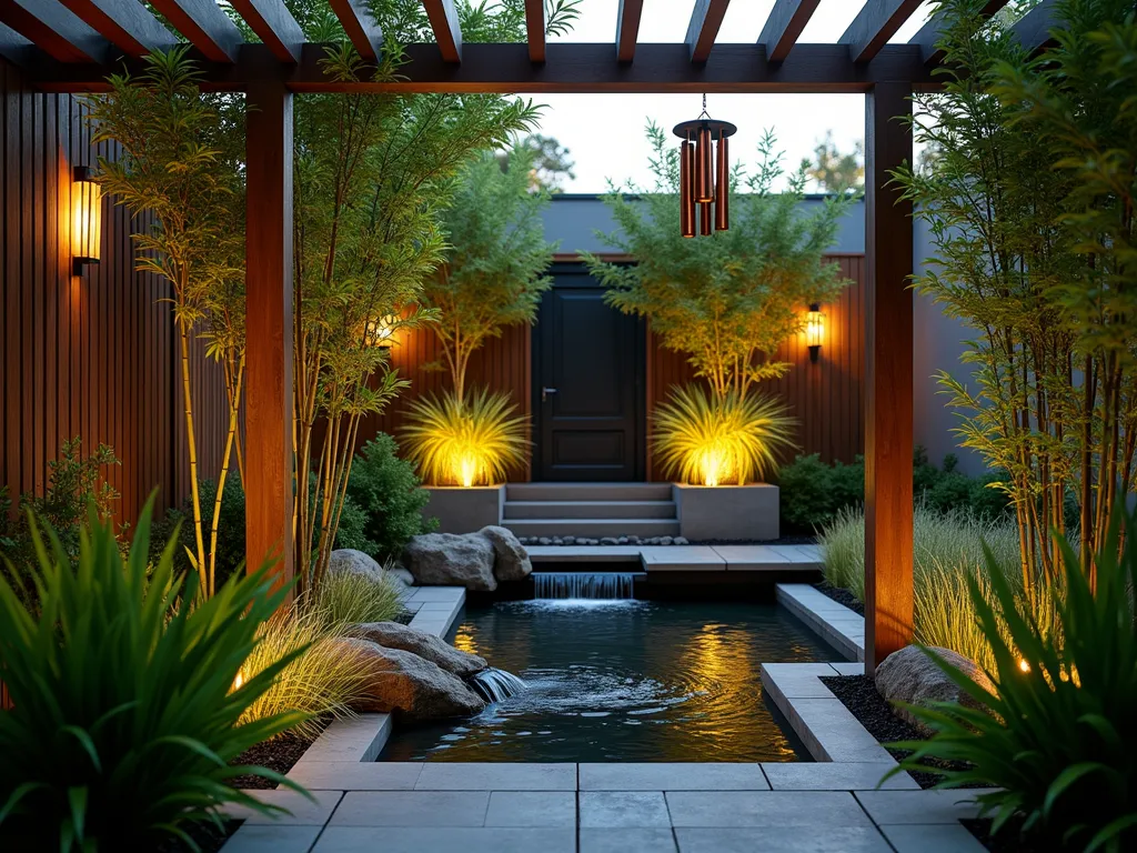 Zen Sound Garden Atrium at Dusk - A serene small atrium garden at dusk, photographed with a DSLR wide-angle lens. Tall, elegant bamboo stalks create gentle rustling sounds in the foreground, while ornamental grasses sway softly in the background. A modern copper wind chime hangs from a wooden beam overhead. A small, illuminated waterfall cascades over natural stones into a reflection pool, creating peaceful water sounds. Warm LED landscape lights cast gentle shadows through the bamboo leaves, creating a magical evening ambiance. Japanese forest grass and silver feather grass catch the golden hour light, their delicate leaves dancing in the gentle breeze. The intimate space is photographed at f/8 for perfect depth, capturing the interplay of natural and artificial light with crystalline clarity.