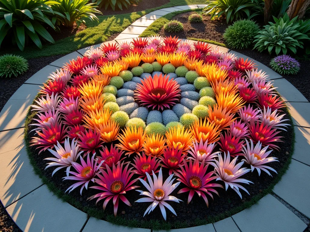 Circular Rainbow Bromeliad Garden Display - A stunning circular garden arrangement shot from above at golden hour, featuring a mesmerizing color wheel pattern of vibrant bromeliads. The design spans 6 feet in diameter, with concentric rings of Neoregelia, Guzmania, and Vriesea species transitioning through spectacular hues - from deep purples and reds, through oranges and yellows, to pinks and pristine whites. Natural sunlight filters through the surrounding tropical foliage, casting gentle shadows across the textured leaves. The bromeliads' rosettes create a mandala-like pattern, their cups holding dewdrops that sparkle in the warm light. A modern stone path curves around the display, while slate mulch provides a neutral, contemporary backdrop that makes the colors pop. Shot with shallow depth of field highlighting the intricate details of the bromeliad foliage.