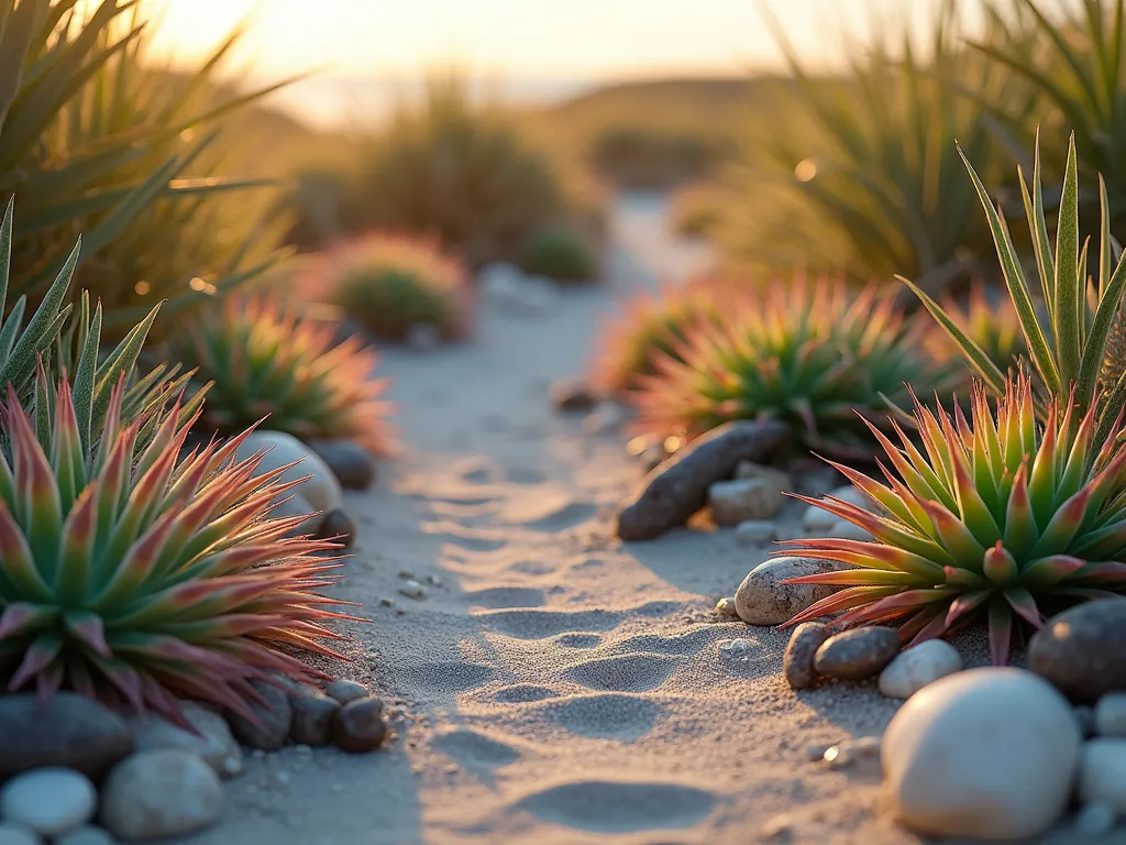 Coastal Bromeliad Beach Garden - A serene coastal garden setting at golden hour, featuring a curved pathway lined with clusters of vibrant Tillandsia and Neoregelia bromeliads. The plants emerge from sandy soil mixed with crushed shells, their spiky forms creating dramatic shadows in the warm light. Weathered driftwood pieces serve as natural borders, while small pieces of white coral add texture throughout. Glass floats and nautical rope accents complement the coastal theme. The bromeliads' colorful cups hold morning dew, reflecting the sky's warm hues. Shot from a low angle to emphasize the architectural nature of the plants against a blurred background of coastal grasses, photorealistic style.