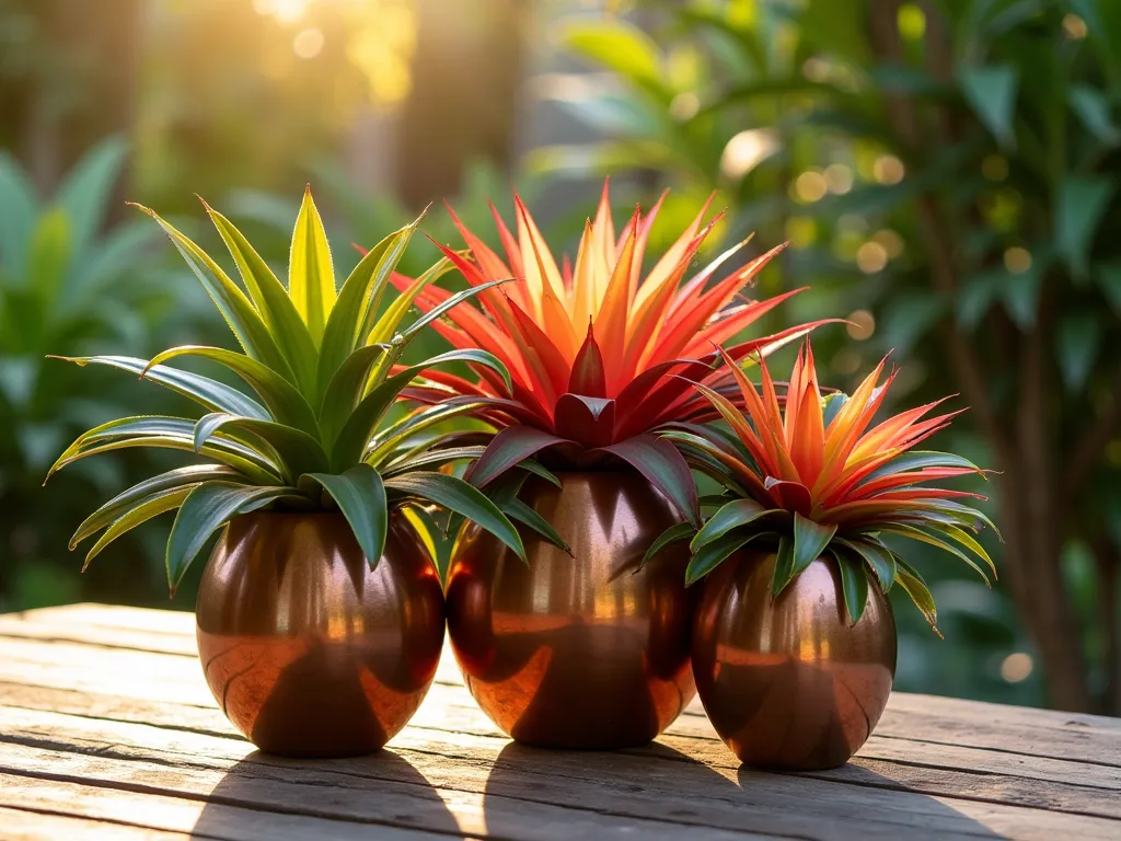 Elegant Copper Bromeliad Display - A close-up shot of a stunning arrangement of vibrant Vriesea and Guzmania bromeliads nestled in antique copper vessels of varying heights on a weathered teak patio table. The late afternoon sun casts warm golden light through the bromeliads' colorful leaves, creating a magical interplay between the copper's patina and the plants' jewel tones. The arrangement is placed against a softly blurred background of lush garden foliage, photographed with a shallow depth of field that emphasizes the metallic containers' rich texture and the bromeliads' architectural forms. Shot with a digital camera, 35mm, f/2.8, ISO 400, capturing the romantic interplay of light and shadow.