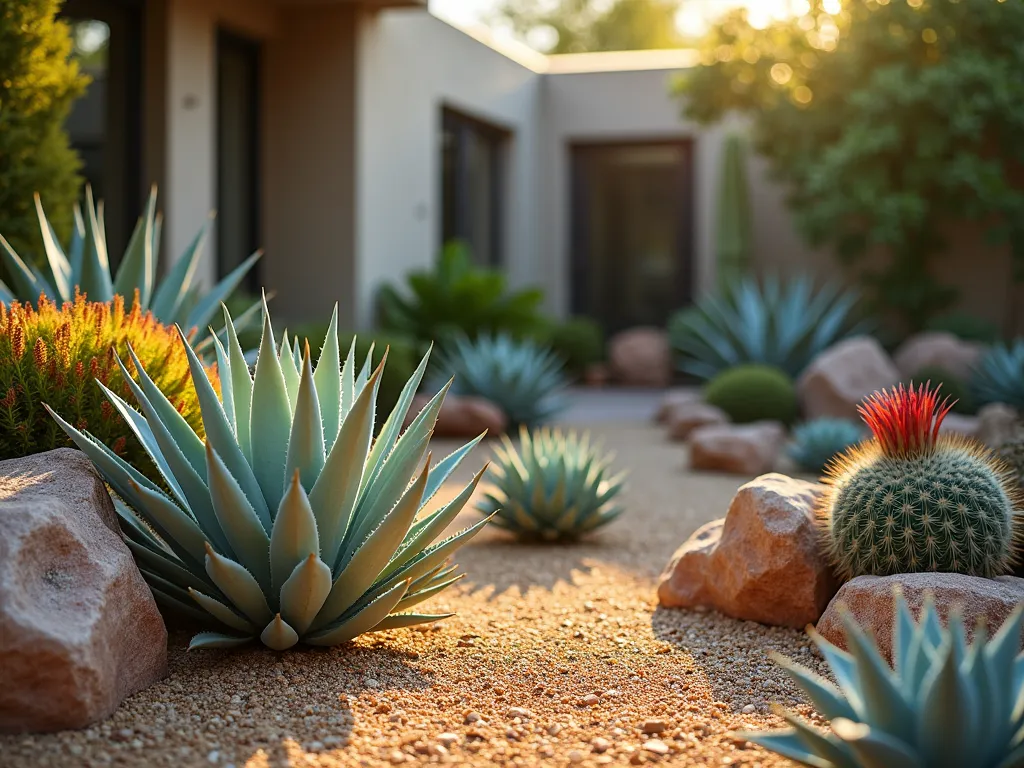 Desert-Tropical Fusion Garden - A stunning backyard garden vignette captured at golden hour, featuring a harmonious blend of desert and tropical elements. In the foreground, spiky silver-green Dyckia bromeliads emerge from a bed of golden sand and crushed granite. These are artfully arranged among small barrel cacti and compact blue agaves, creating dramatic textural contrasts. Rust-colored rocks and weathered boulders anchor the composition, while copper-tinted Hechtia bromeliads cascade over their edges. Shot with a wide-angle lens at f/2.8, the low evening sun casts long shadows and highlights the plants' architectural forms, creating a warm, ethereal atmosphere. The background shows a softly blurred modern concrete wall with climbing desert vines. Professional photograph with dramatic lighting emphasizing the unique fusion of tropical and desert aesthetics, photographic style: high-end garden magazine quality, ultra-detailed, cinematic