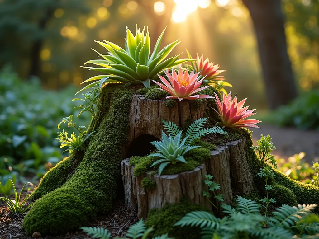 Enchanted Bromeliad Tree Stump Garden - A mystical garden scene captured during golden hour, featuring a weathered oak tree stump transformed into a living bromeliad garden. Multiple colorful bromeliads, including Neoregelia, Tillandsia, and Guzmania species, are artfully mounted in the stump's natural hollows and crevices. Emerald green moss carpets the bark, while delicate Boston ferns and climbing English ivy cascade down the sides. Soft evening sunlight filters through surrounding trees, creating a magical backlit effect that highlights the bromeliad's vibrant colors and architectural forms. The scene is captured with a wide-angle lens at eye level, with selective focus drawing attention to the intricate plant arrangement while maintaining context of the surrounding garden landscape. Depth of field reveals detailed textures of bark, moss, and bromeliad foliage, photographed with expert DSLR settings for maximum clarity and natural lighting.