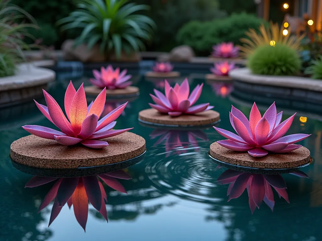 Serene Floating Bromeliad Garden - A tranquil twilight scene of a small backyard pond featuring floating bromeliad islands. Multiple Neoregelia bromeliads in vibrant pink and purple hues are mounted on natural cork platforms, gently drifting on the crystal-clear water. Soft underwater lighting illuminates the plants from below, creating magical reflections on the water's surface. A curved stone border surrounds the pond, with ornamental grasses and ferns providing a lush backdrop. Shot at golden hour with a shallow depth of field, capturing the ethereal atmosphere and the delicate water ripples around the floating gardens. Photorealistic, 16-35mm lens, f/2.8, ISO 400.