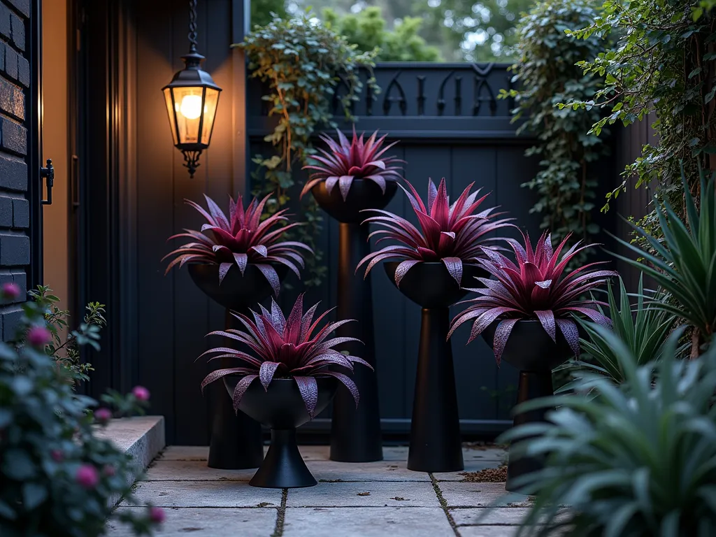 Gothic Bromeliad Garden at Dusk - A moody twilight photograph of an intimate garden corner featuring a dramatic arrangement of deep purple and near-black Bromeliads. The plants are displayed in matte black geometric containers on wrought iron pedestals of varying heights. A Gothic-inspired black metal archway frames the scene, with hanging Cryptanthus creating ethereal silhouettes. Dark-leafed Neoregelia 'Black Magic' dominates the foreground, their rosettes catching the last light of day. Vintage-style copper lanterns cast mysterious shadows across weathered stone pavers. Shot at f/2.8 with selective focus highlighting the sculptural qualities of the plants, creating a mysterious depth in the fading light.