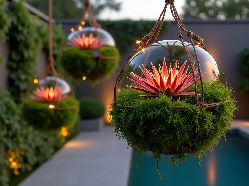 Suspended Bromeliad Garden Spheres at Twilight - A mesmerizing twilight garden scene captured with a 16-35mm lens at f/2.8, showcasing three handcrafted moss spheres suspended at varying heights against a soft-lit contemporary patio backdrop. The spheres, ranging from 8-12 inches in diameter, burst with vibrant Tillandsia ionantha, Neoregelia 'Fireball', and Tillandsia bulbosa bromeliads. The moss balls create an ethereal floating garden effect, with delicate copper wire suspension systems catching the warm glow of strategic garden lighting. A subtle water feature provides a misty atmosphere, while climbing vines on the background wall add depth. The wide-angle composition emphasizes the vertical garden design, with the closest sphere positioned at eye level, creating an enchanting sense of depth and dimension.