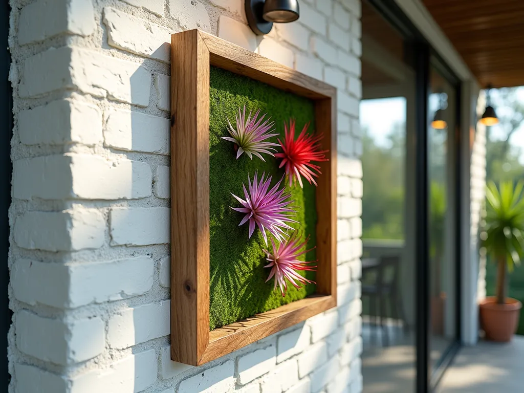 Living Bromeliad Wall Art Frame - Close-up DSLR photo of an elegant reclaimed wood picture frame mounted on a white-washed brick wall, featuring a stunning living arrangement of colorful miniature bromeliads. The frame showcases various Tillandsia air plants and vibrant Neoregelia specimens artistically arranged against a lush green moss background, creating a dimensional living artwork. Soft afternoon sunlight filters through nearby windows, casting gentle shadows and highlighting the metallic purple and red hues of the bromeliads. The frame is positioned in a modern outdoor covered patio setting, with subtle bokeh effects in the background showing potted plants and outdoor furniture. Shot with natural lighting at f/8 for optimal detail and depth, capturing the intricate textures of both the plants and moss backdrop.