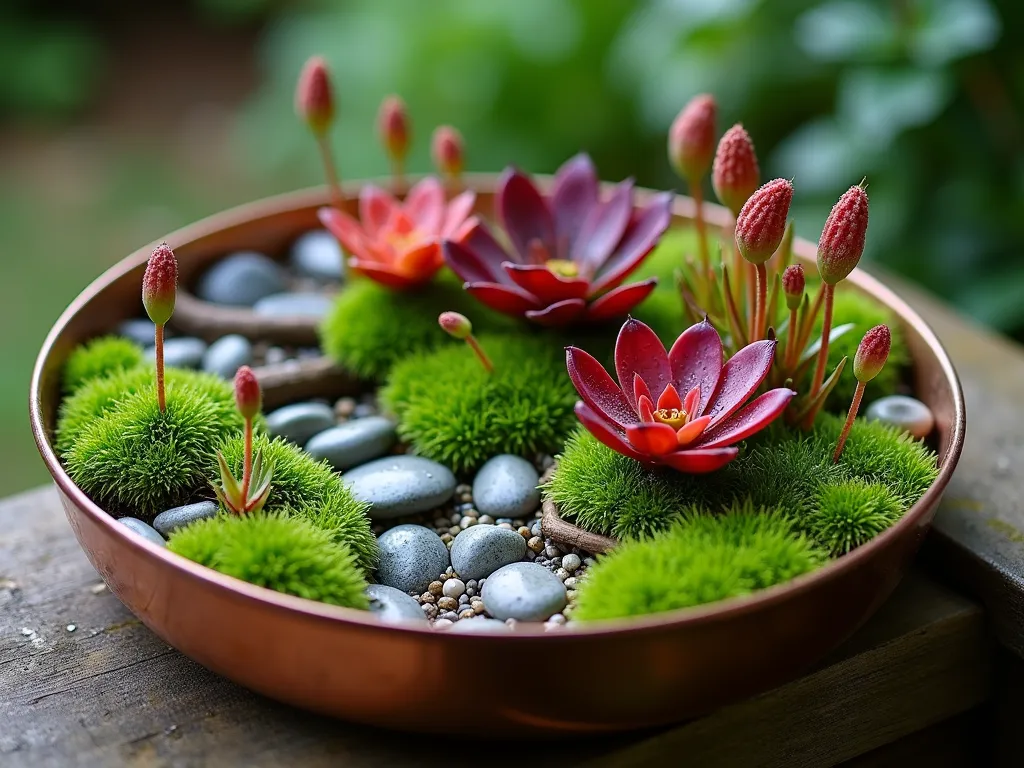 Enchanting Miniature Bromeliad Bog Garden - Close-up shot of a stunning miniature bog garden in a shallow copper container at dawn, featuring vibrant red and purple Neoregelia bromeliads nestled among emerald green pitcher plants and lush moss. Morning dew glistens on the plants while natural light filters through. Decorative river rocks in muted grays and small pieces of weathered driftwood create winding paths between the plants. The container sits on a rustic wooden deck corner, with soft bokeh effect of a larger garden in the background. Photorealistic, high detail, moody natural lighting.