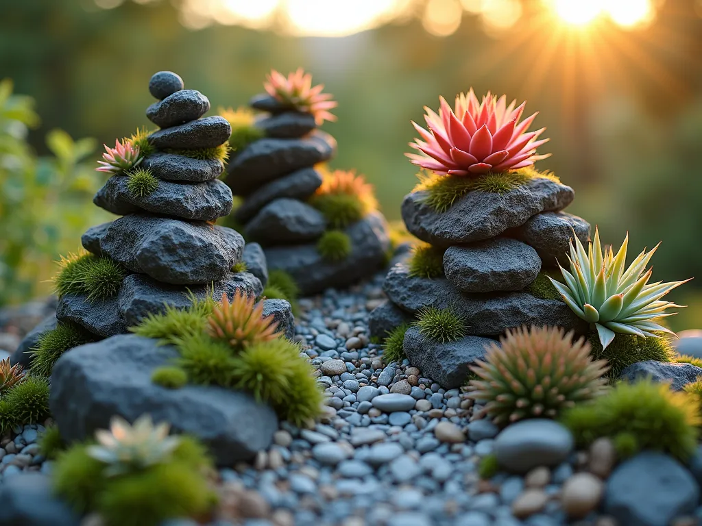 Miniature Bromeliad Mountain Garden - A close-up capture of a mesmerizing miniature rock garden at golden hour, featuring a dramatic arrangement of layered slate and granite stones creating a mountainous landscape in miniature. Small, colorful Neoregelia and Tillandsia bromeliads nestle naturally in rocky crevices, their rosettes catching the warm evening light. Alpine succulents and tiny ferns dot the landscape, creating an authentic mountain terrain feel. The composition is photographed from a low angle with a shallow depth of field, emphasizing the scale and drama of the miniature landscape. Natural moss covers portions of the rocks, adding age and authenticity to the scene. A small crushed stone path winds through the arrangement, leading to a focal point bromeliad at the peak. Shot with soft, directional lighting that creates subtle shadows and highlights the textures of both plants and stones.