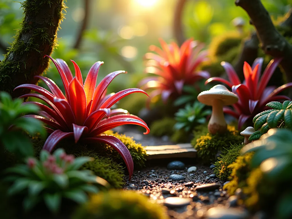 Miniature Bromeliad Rainforest Corner - A close-up, atmospheric shot of a meticulously crafted miniature rainforest garden corner during golden hour. Multiple vibrant Neoregelia bromeliads in shades of red and purple create a lush understory, while small Cryptanthus rosettes peek through at ground level. Delicate maidenhair ferns and a dwarf parlor palm provide vertical interest. Ancient-looking moss-covered branches wind through the scene, and tiny ceramic mushrooms and a miniature wooden bridge add whimsical scale. Dappled sunlight filters through the foliage, creating magical light patterns on the rich, dark soil below. Small water droplets glisten on the bromeliad leaves, suggesting the humid rainforest atmosphere. Shot with shallow depth of field to enhance the dreamy, miniature world effect. Photorealistic, high detail.