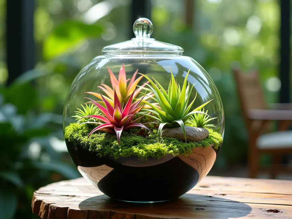 Enchanted Glass Terrarium with Miniature Bromeliad Forest - A close-up shot of an elegant glass terrarium capturing a mesmerizing miniature tropical forest ecosystem. The terrarium features vibrant Neoregelia bromeliads with pink and red centers nestled among delicate Tillandsia air plants, creating layers of emerald and ruby hues. Tiny ferns provide soft, feathery textures while fresh green moss carpets the base. Crystal-clear glass walls reveal distinct layers of black activated charcoal and rich soil. Natural morning sunlight streams through the glass, creating ethereal shadows and highlighting water droplets on the plants. The terrarium sits on a weathered teak outdoor side table on a covered porch, with a blurred garden background suggesting additional tropical foliage. Photographed with professional DSLR camera, f/8 aperture, capturing intricate details and natural depth, ISO 100, 1/125 shutter speed.