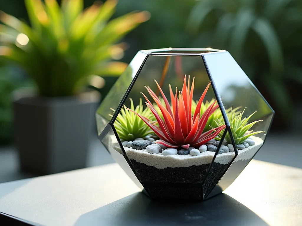 Modern Geometric Glass Terrarium with Bromeliads - Close-up shot of a striking hexagonal glass terrarium on a sleek outdoor patio table, illuminated by soft afternoon sunlight. Inside, vibrant Tillandsia air plants and deep red Cryptanthus bromeliads are artistically arranged in distinct layers separated by pristine white and charcoal-colored sand. The contemporary geometric glass structure features clean lines and multiple facets, creating a mesmerizing prism effect that highlights the architectural forms of the bromeliads. Small polished river stones in silver and obsidian tones add depth and texture. The terrarium is positioned against a blurred background of lush garden foliage, creating a stunning contrast between contained and natural landscapes. Photorealistic, high detail, soft natural lighting, 4K quality.