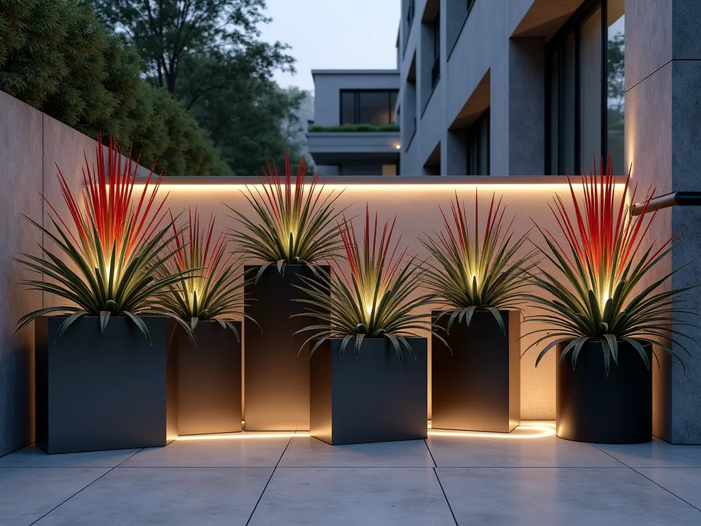 Modern Metal Bromeliad Garden - A modern urban patio corner at dusk featuring a stunning arrangement of geometric brushed steel and matte black planters in varying heights. The metallic containers house sculptural silver Dyckia bromeliads and dramatic red-tipped Vriesea spikes, arranged in precise linear formations. Warm LED uplighting casts dramatic shadows on a minimalist concrete wall behind. The architectural bromeliads create strong silhouettes against the industrial materials, while their organic forms soften the angular design. Captured in a wide angle to show the contemporary space, with selective focus on the interplay between the metallic surfaces and exotic plants. Photorealistic, high-end garden design, dramatic lighting.