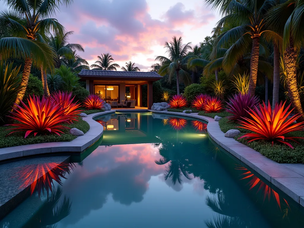 Luxurious Poolside Bromeliad Border at Dusk - A stunning wide-angle shot at dusk of a modern swimming pool bordered by lush bromeliad gardens. Clusters of vibrant Aechmea and Neoregelia bromeliads in shades of red, orange, and deep purple create a tropical paradise along the pool's curved edge. Natural stone boulders are artfully placed between plant groupings, while delicate tropical ground covers soften the transitions. The pool's calm water perfectly mirrors the bromeliads and the warm sunset sky, creating a magical double reflection. Modern landscape lighting illuminates the plants from below, casting dramatic shadows and highlighting the bromeliads' architectural forms. The scene is captured with a slight elevation to showcase the careful arrangement and the seamless integration of the water feature with the tropical plantings. Photorealistic, high-end resort style, architectural photography.