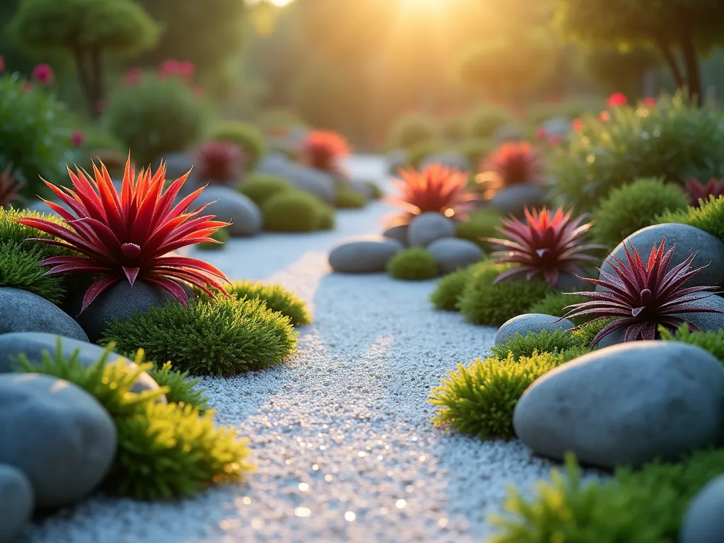 Serene Bromeliad Zen Rock Garden at Dawn - A tranquil dawn shot of a meticulously arranged zen garden featuring vibrant Neoregelia and Cryptanthus bromeliads nestled between smooth, gray river rocks. Shot at f/2.8 with a 16-35mm lens, capturing the garden from a low angle perspective. Golden morning light filters through a light mist, creating ethereal highlights on the fine white gravel paths. Small emerald ferns provide delicate texture between the rocks, while clusters of red and purple bromeliads create focal points throughout the composition. Japanese-inspired design elements with clean lines and balanced spacing between plants. Shallow depth of field emphasizes the textural contrast between the polished stones and the spiky bromeliad foliage. Dew drops glisten on the plants, adding a magical quality to the scene.