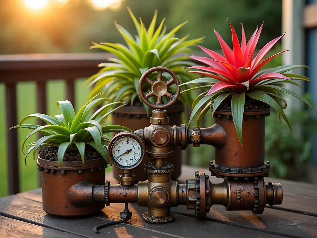 Steampunk Industrial Bromeliad Garden Display - A close-up shot of an artistically arranged steampunk-inspired bromeliad garden display on a rustic wooden deck. Vintage brass gears, copper pipes, and antique industrial fixtures serve as unique planters for vibrant Tillandsia and Guzmania bromeliads. The centerpiece features a large Victorian-era brass gauge housing a striking red Neoregelia. Weathered copper patina contrasts with the lush greenery, while ornate metalwork creates intricate shadows in the golden hour sunlight. Steam valves and brass fittings interconnect the display, creating a cohesive industrial-botanical installation. Shot with shallow depth of field highlighting the textural details of both mechanical elements and plant life. DSLR, f/8, ISO 100, 1/125s, natural lighting during sunset.