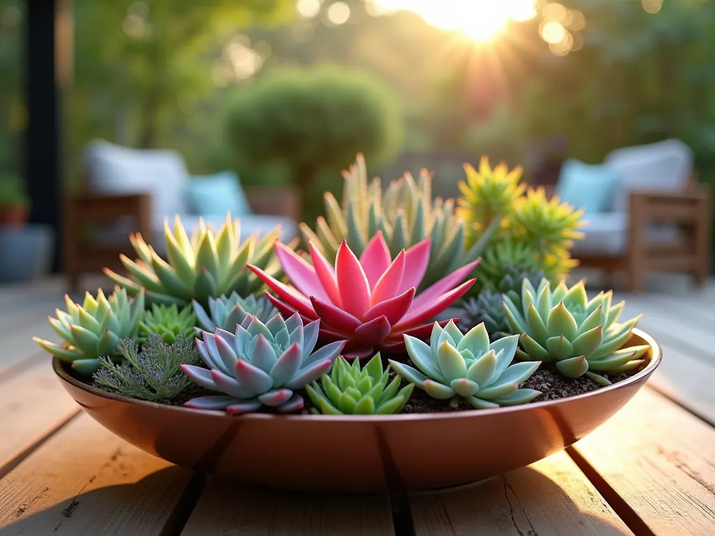 Mixed Succulent and Bromeliad Container Garden - Close-up shot of a stylish shallow copper dish garden featuring a stunning arrangement of bromeliads and succulents. In the center, a vibrant pink Cryptanthus earth star creates a focal point, surrounded by rosettes of pale green Echeveria elegans and cascading purple-tinged Sedum morganianum. The plants create a mesmerizing tapestry of textures and colors, photographed during golden hour on a modern wooden deck. Soft bokeh effect in background showing outdoor living space, shot with shallow depth of field highlighting the intricate details of the plant composition. Natural sunlight filtering through, casting gentle shadows and highlighting the various plant textures.