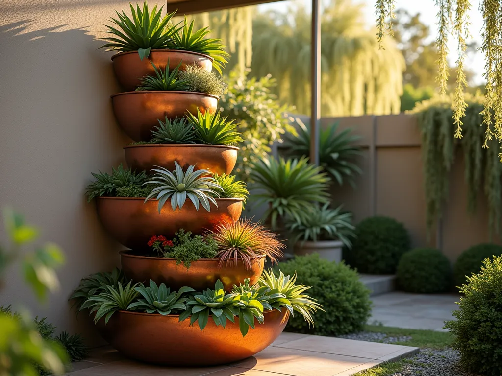 Elegant Tiered Bromeliad Tower at Sunset - A stunning vertical garden composition featuring a modernist tiered tower arrangement of bromeliads, photographed during golden hour. The structure consists of five circular copper-toned planters of decreasing size stacked vertically, reaching 6 feet tall. Large, dramatic Alcantarea imperialis specimens with their silvery-green rosettes anchor the base, transitioning to vibrant Neoregelia 'Fireball' in the middle tiers, and delicate Tillandsia specimens crowning the top. Soft sunset light filters through the plants, creating dramatic shadows on a neutral stucco wall behind. The installation is positioned in an intimate courtyard corner, with trailing Spanish moss adding an ethereal touch. Shot with a 16-35mm lens at f/2.8, capturing the entire structure while maintaining crisp detail and bokeh effects in the background foliage.