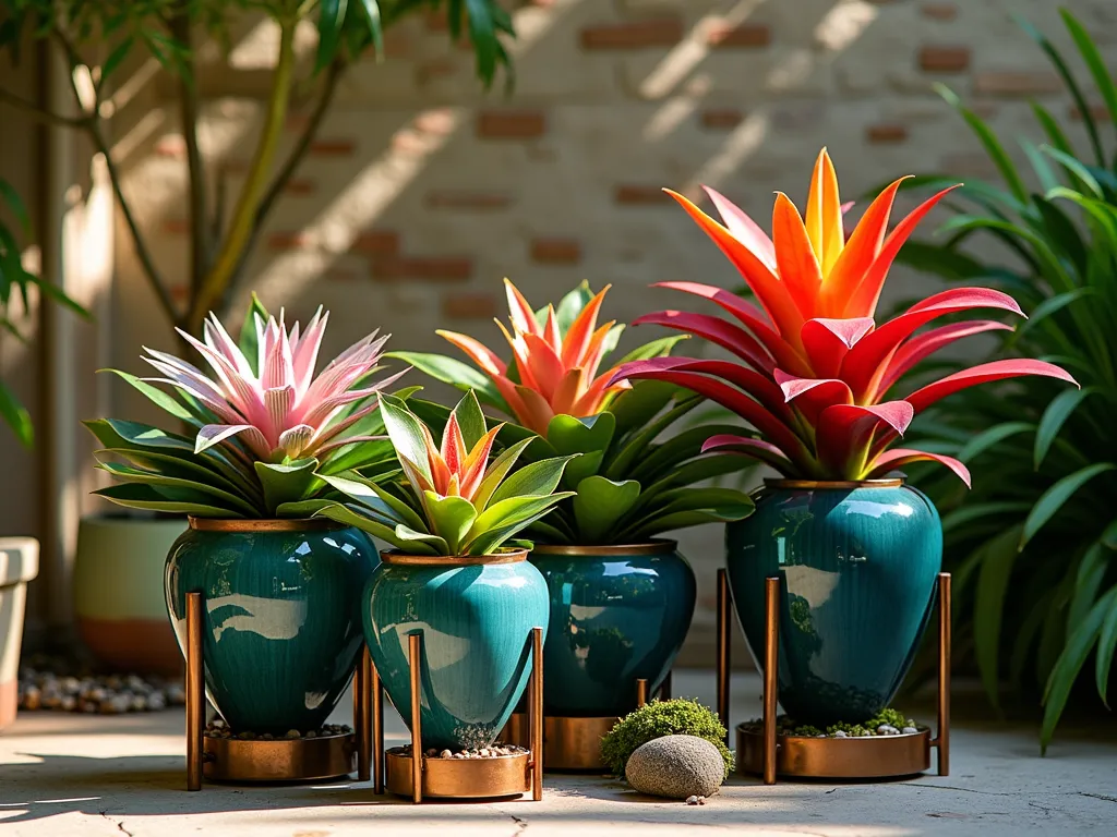 Vibrant Bromeliad Container Garden Display - A close-up photograph of an elegant patio corner at golden hour, featuring a stunning collection of bromeliads arranged in contemporary glazed ceramic containers. Three colorful Aechmea fasciata with pink blooms and silver-banded leaves are positioned alongside vibrant orange and red Guzmania lingulata on metallic copper plant stands of varying heights. The containers, in deep blues and emerald greens, create a striking contrast against a natural stone wall. Dappled sunlight filters through overhead foliage, highlighting the architectural forms of the bromeliads and casting warm shadows across the dramatic display. The composition includes smaller decorative pebbles and moss at the base of the containers, creating a cohesive tropical vignette. Photorealistic, high detail, dramatic lighting, 85mm lens.