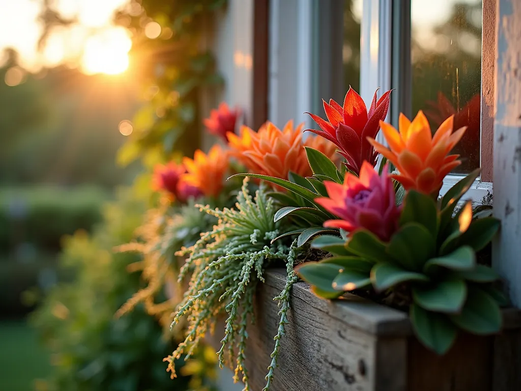 Vibrant Bromeliad Window Box Garden - A close-up shot of a rustic wooden window box at golden hour, overflowing with vibrant Guzmania and Neoregelia bromeliads in shades of orange, red, and purple. Delicate silver-green air plants cascade down the sides, while morning dew glistens on their leaves. The composition is captured with a shallow depth of field at f/2.8, creating a dreamy bokeh effect of the garden beyond. Soft, warm sunlight filters through the tropical foliage, highlighting the architectural forms of the bromeliads and creating dramatic shadows on the window frame. The window box is mounted beneath a white-trimmed window with partial reflections of the colorful display visible in the glass.