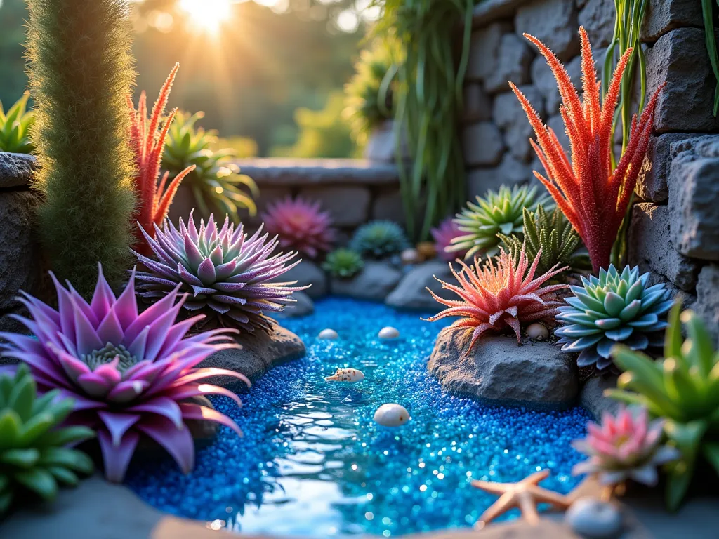 Underwater Bromeliad Oasis - A stunning close-up DSLR photo of a small garden corner transformed into an underwater paradise, captured during golden hour. Vibrant Neoregelia bromeliads in deep purples and electric blues create a coral reef effect, while Tillandsia air plants float like sea anemones. Crushed blue glass mulch sparkles like water, scattered with white seashells and starfish decorations. Guzmania bromeliads with their tall, orange spikes resemble exotic sea fans. Natural sunlight filters through overhead creating dappled light patterns that mimic underwater caustics. The garden is set against a curved stone wall, with cascading Vriesea bromeliads appearing like flowing seaweed. Shot at f/8 with a wide-angle lens to capture the immersive underwater illusion while maintaining sharp detail throughout the magical scene.