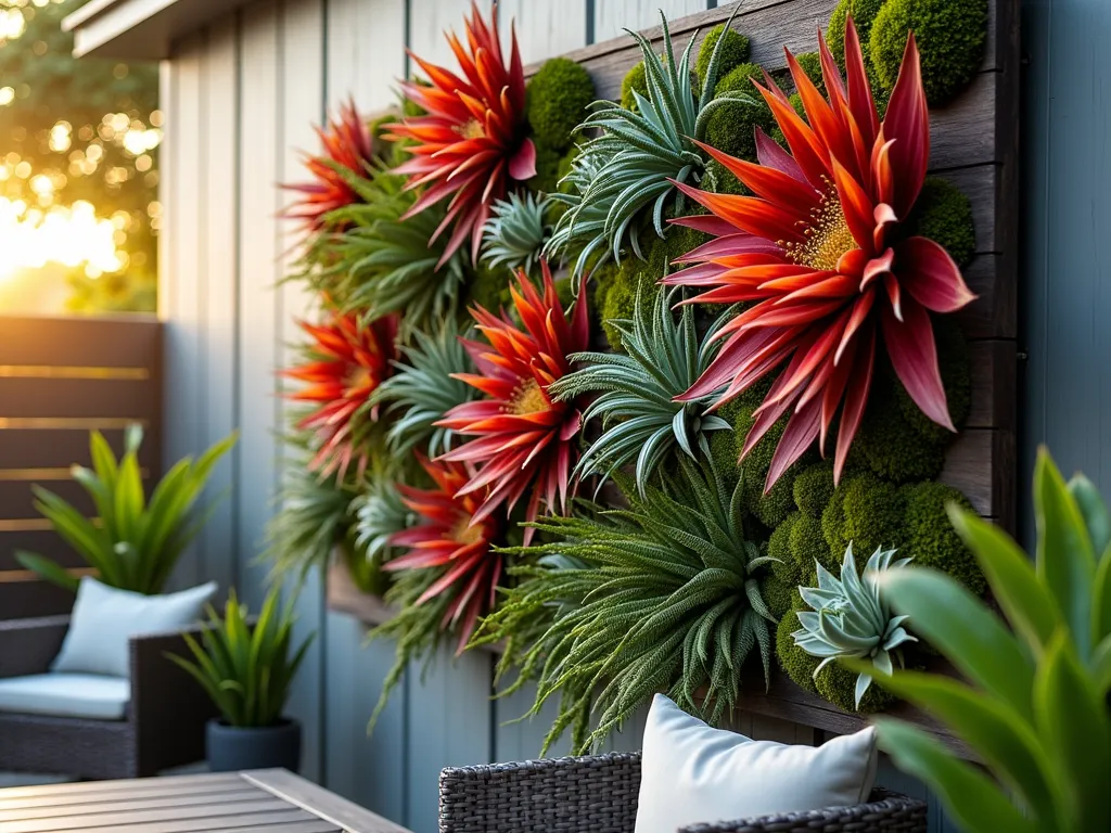 Modern Living Wall with Cascading Bromeliads - A stunning close-up shot of a modern vertical garden wall mounted on dark cedar wood panels, showcasing a lush arrangement of bromeliads in a cascading pattern. Vibrant red and orange Guzmania bromeliads create dramatic focal points, while clusters of silvery Tillandsia air plants add ethereal texture throughout. The living wall is artistically arranged against an outdoor patio wall at golden hour, with soft sunlight filtering through, highlighting the varying depths and creating dramatic shadows. Green sphagnum moss peeks through between the plants, adding organic texture. The wall measures approximately 8 feet tall by 6 feet wide, with some bromeliads dramatically spilling outward, creating a three-dimensional effect. Modern outdoor furniture and potted plants are softly blurred in the foreground, providing context and scale.