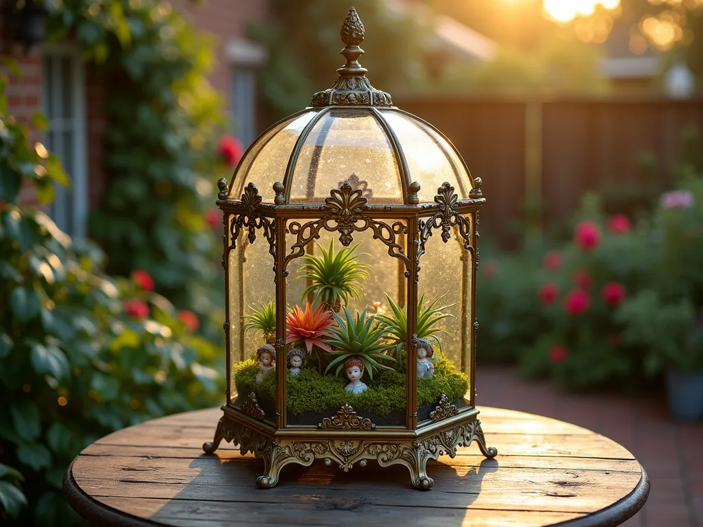 Victorian Glass Terrarium with Bromeliads - An elegant Victorian-style glass terrarium photographed at golden hour, captured with a 16-35mm lens at f/2.8, ISO 400. The ornate brass-framed terrarium sits on a vintage wooden garden table on a brick patio, surrounded by climbing roses. Inside, miniature Neoregelia and Tillandsia bromeliads create a lush display among small Victorian porcelain figurines and antique metalwork. Delicate moss covers the base, while condensation droplets sparkle on the intricate glass panels. The terrarium's detailed metalwork casts elaborate shadows across the weathered table surface, while the setting sun creates a warm, ethereal glow through the glass.