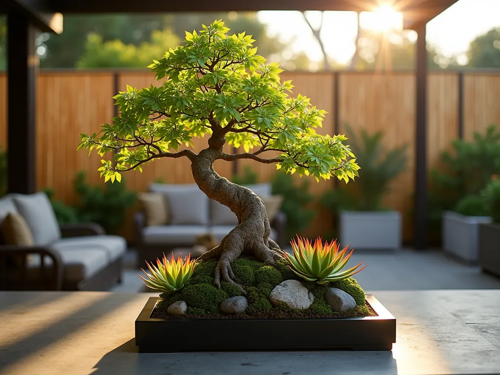 Zen Bromeliad Bonsai Garden - Close-up shot of an elegant Japanese maple bonsai tree on a black lacquered display stand, surrounded by miniature Neoregelia 'Fireball' and Tillandsia ionantha bromeliads at its base. The scene is captured during golden hour, with soft sunlight filtering through a pergola, creating dramatic shadows on a contemporary patio setting. The composition includes small river rocks and moss patches artfully arranged around the display, with a blurred backdrop of bamboo screens. Shot with shallow depth of field focusing on the intricate relationship between the bonsai and bromeliads, highlighting the contrast between the maple's delicate leaves and the bromeliads' vibrant rosettes. 16-35mm lens at 35mm, f/2.8, ISO 400.