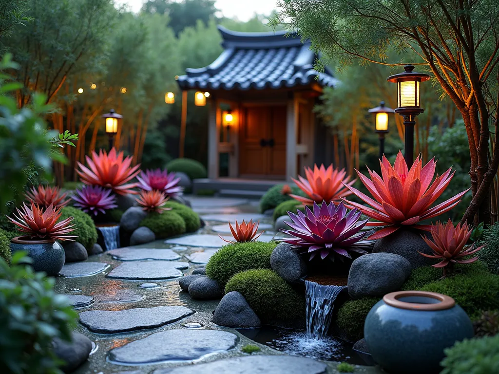 Zen Bromeliad Tea Garden at Dusk - A serene Japanese-inspired tea garden at dusk, featuring colorful bromeliads nestled among traditional elements. A curved stone path leads to a small wooden tea pavilion, illuminated by glowing stone lanterns. Bromeliads in various shades of red and purple are arranged in antique ceramic containers alongside dwarf bamboo. A small stone water feature creates gentle ripples, while copper rain chains guide water into moss-covered stone basins. The scene is captured from a slightly elevated angle, showing the harmonious blend of tropical bromeliads with Asian garden elements. Soft evening light casts long shadows across the peaceful garden space, while paper lanterns provide warm ambient lighting.